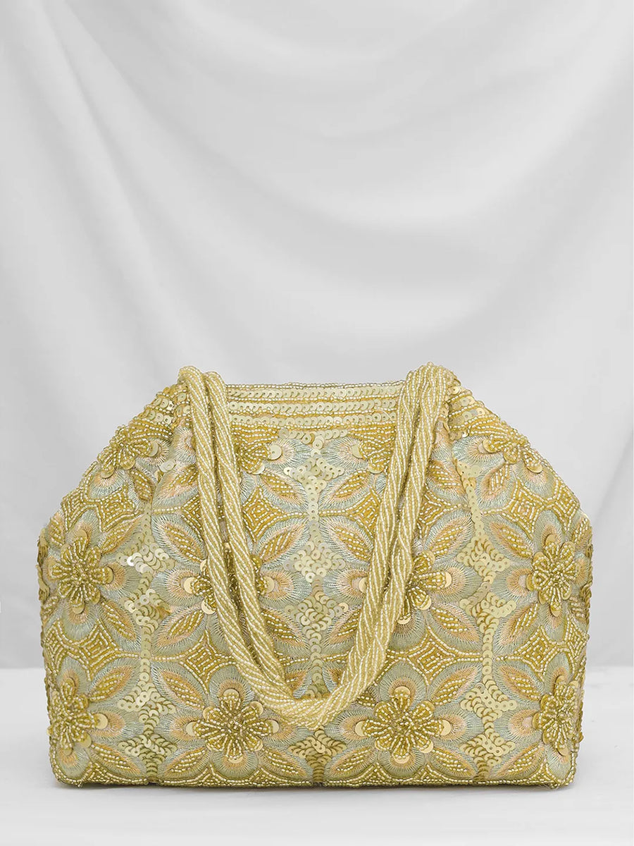 Floral Embroidered Clutch with Beads - Golden