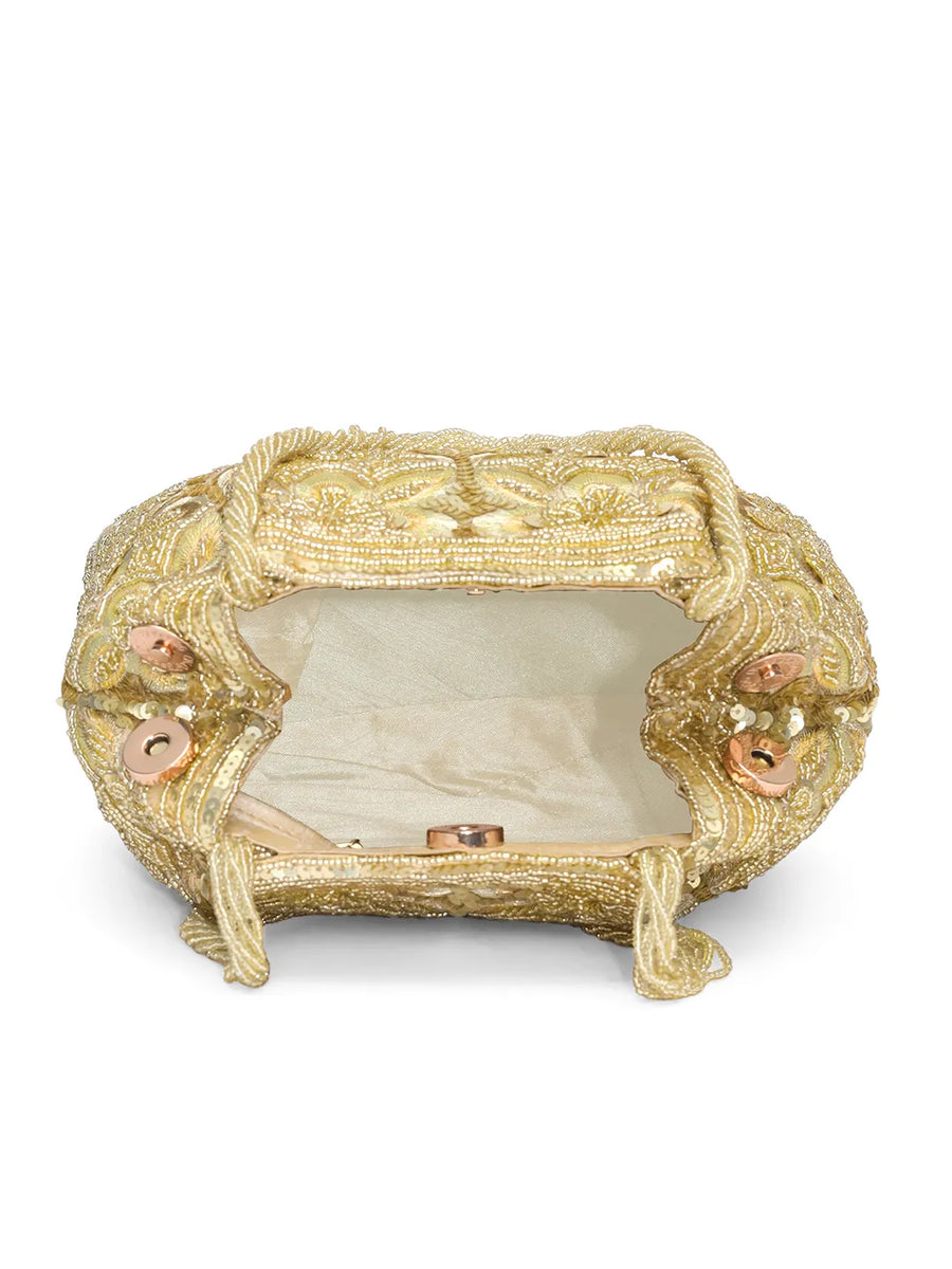 Floral Embroidered Clutch with Beads - Golden