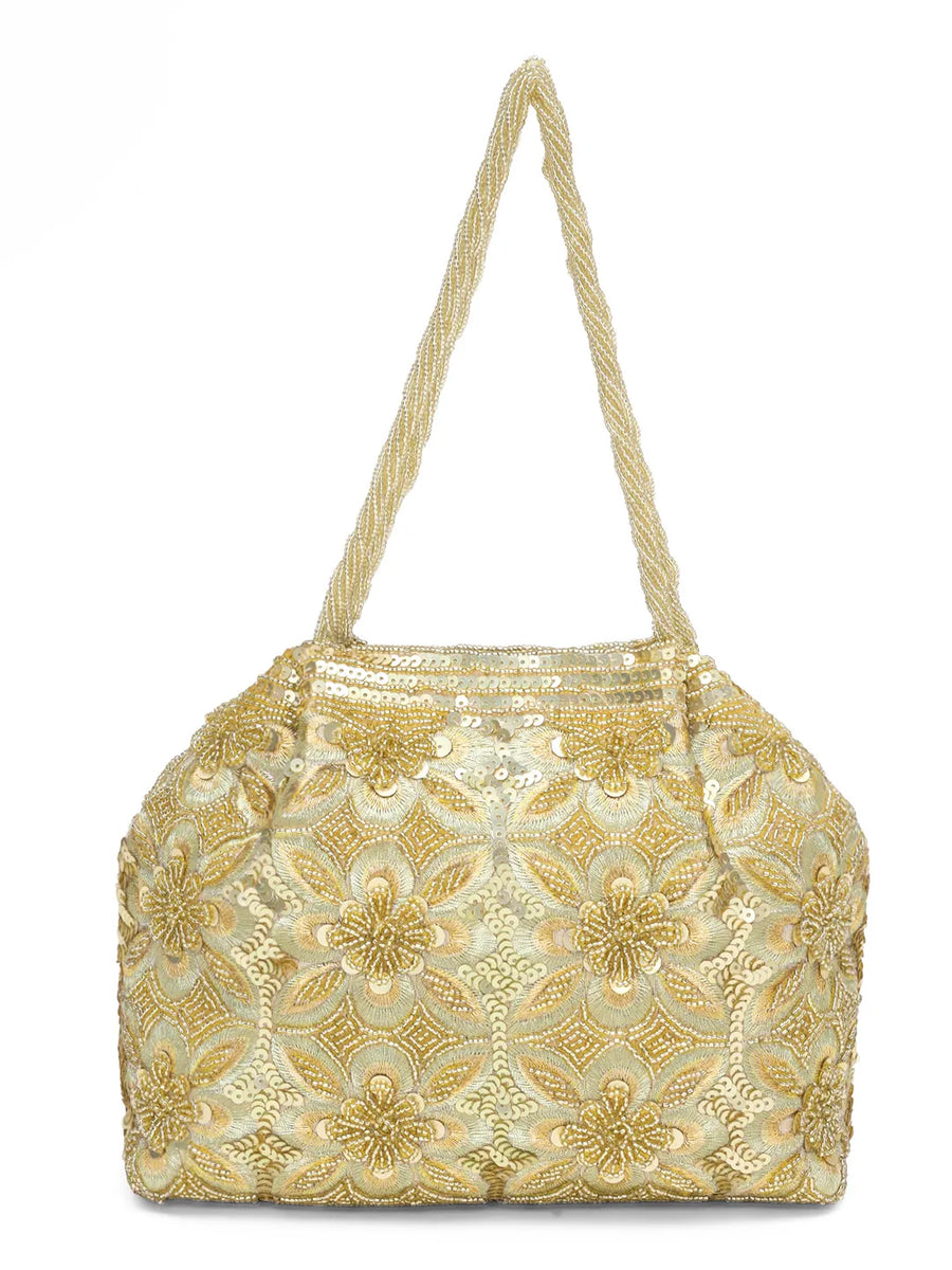 Floral Embroidered Clutch with Beads - Golden