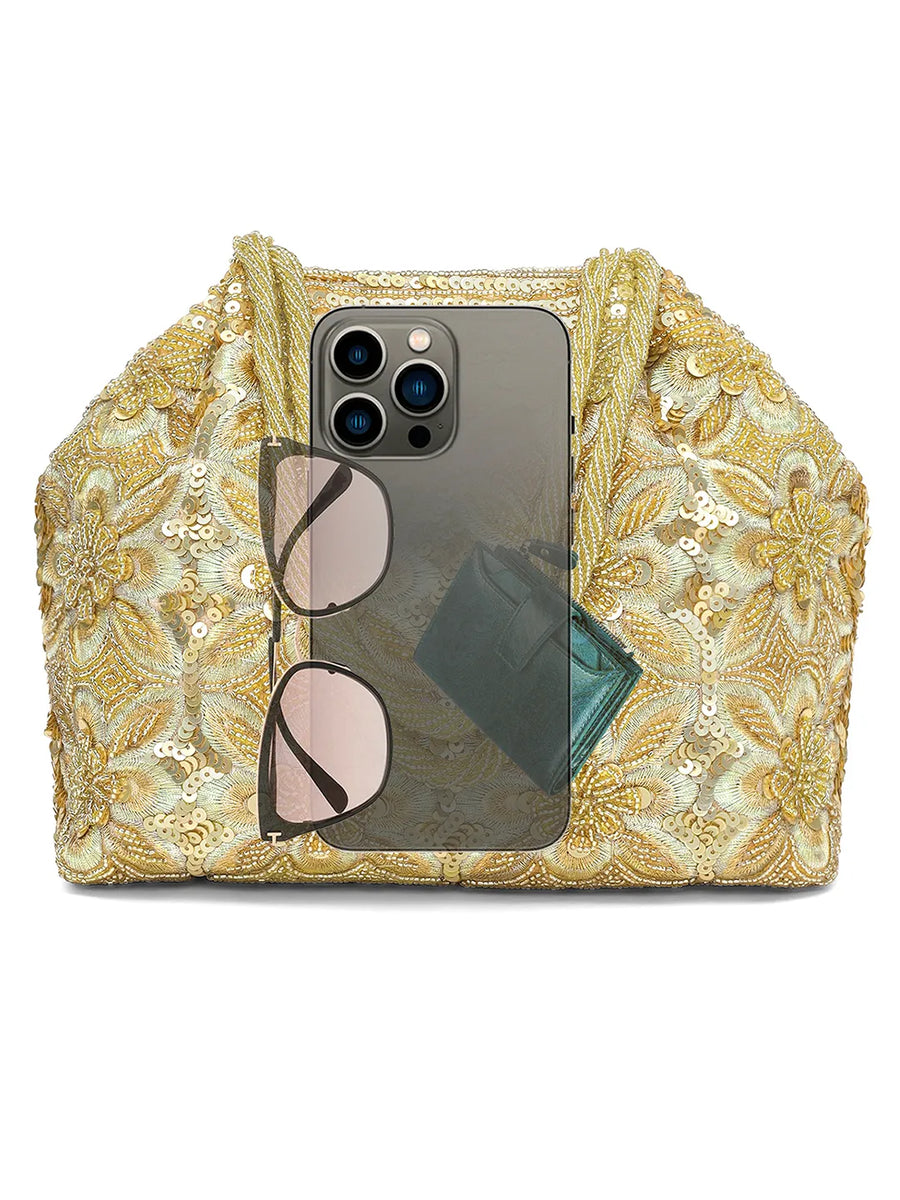 Floral Embroidered Clutch with Beads - Golden