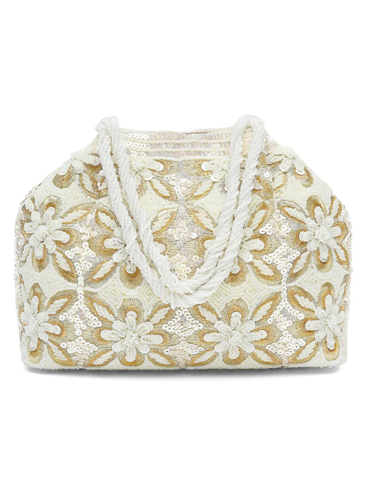 Soft Ivory Floral Clutch for Party Wear - White