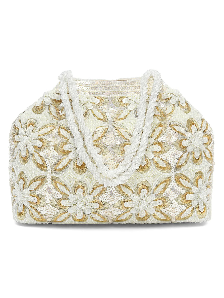 Soft Ivory Floral Clutch for Party Wear - White