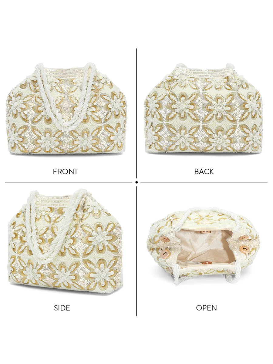 Soft Ivory Floral Clutch for Party Wear - White
