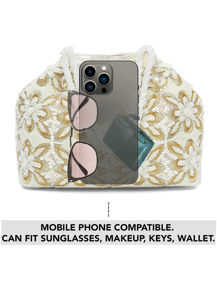 Soft Ivory Floral Clutch for Party Wear - White