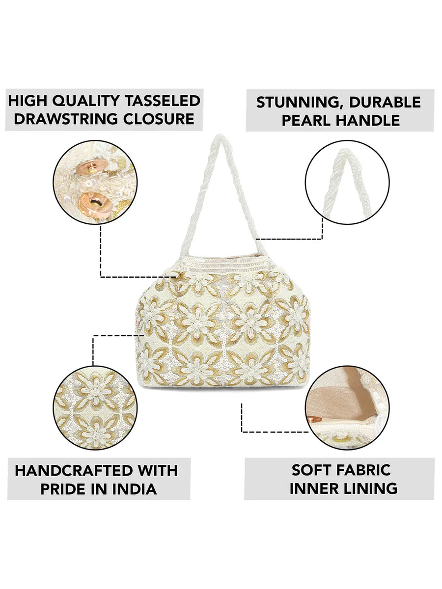 Soft Ivory Floral Clutch for Party Wear - White