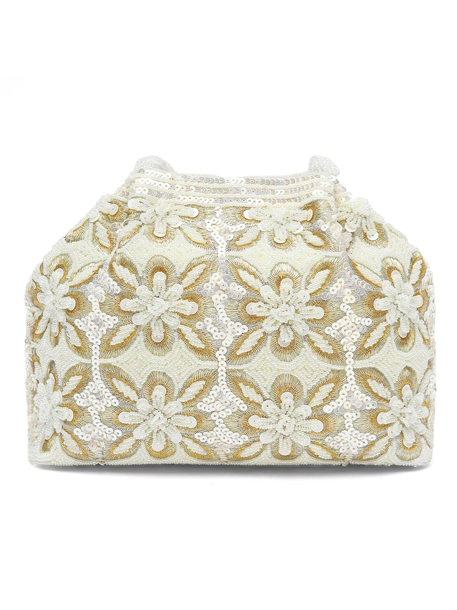 Soft Ivory Floral Clutch for Party Wear - White