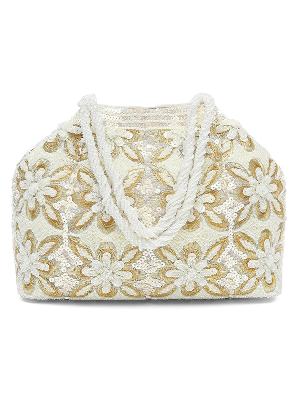 Soft Ivory Floral Clutch for Party Wear - White