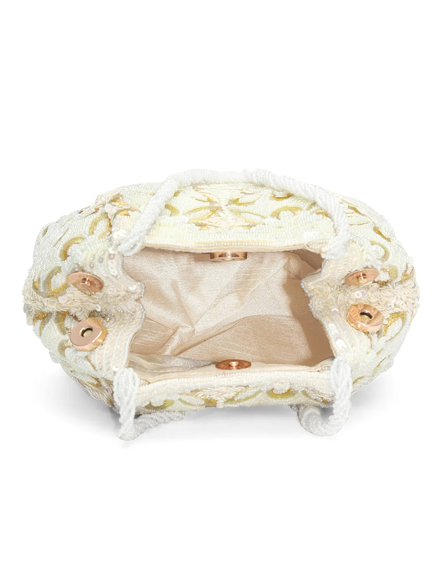 Soft Ivory Floral Clutch for Party Wear - White