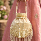 Peora Ivory Floral Embroidered Potli Bag - Gold