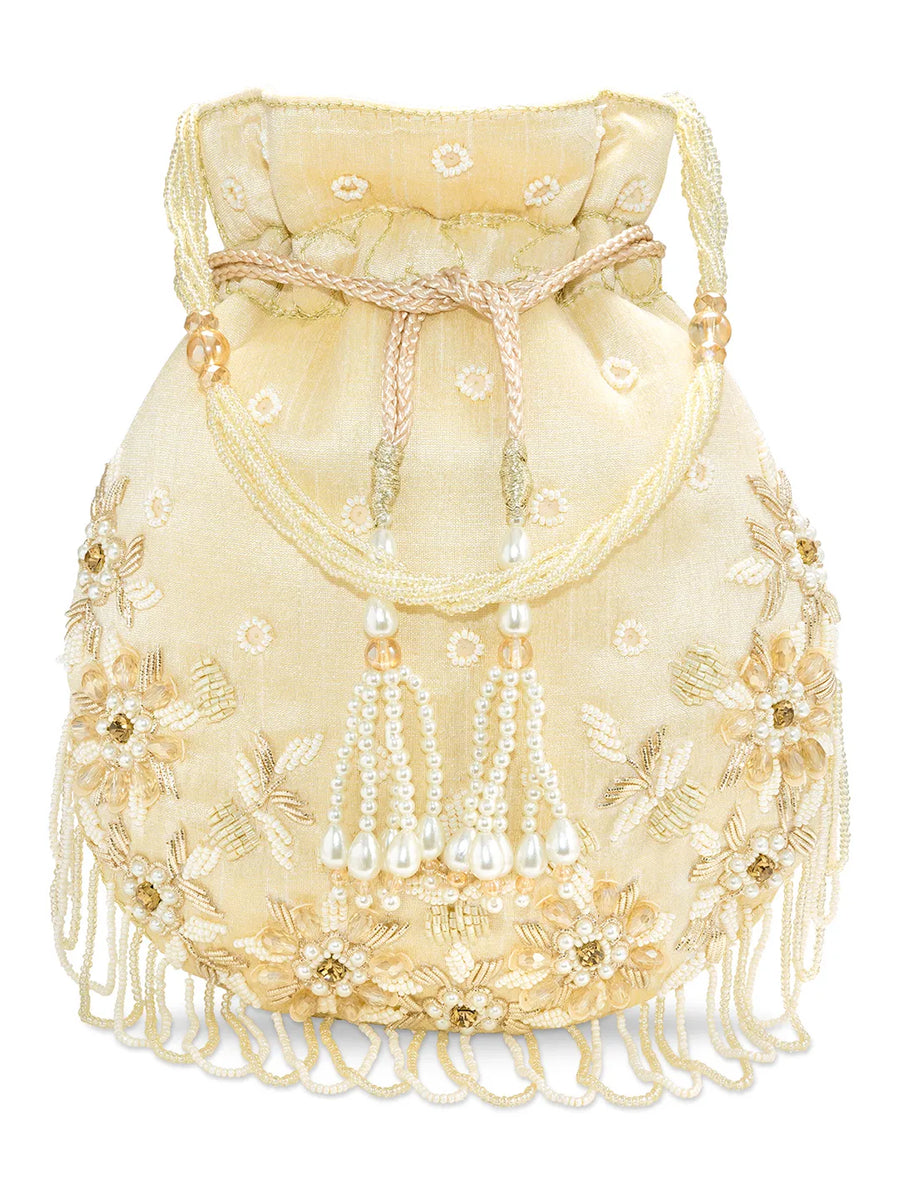 Peora Ivory Floral Embroidered Potli Bag - Gold
