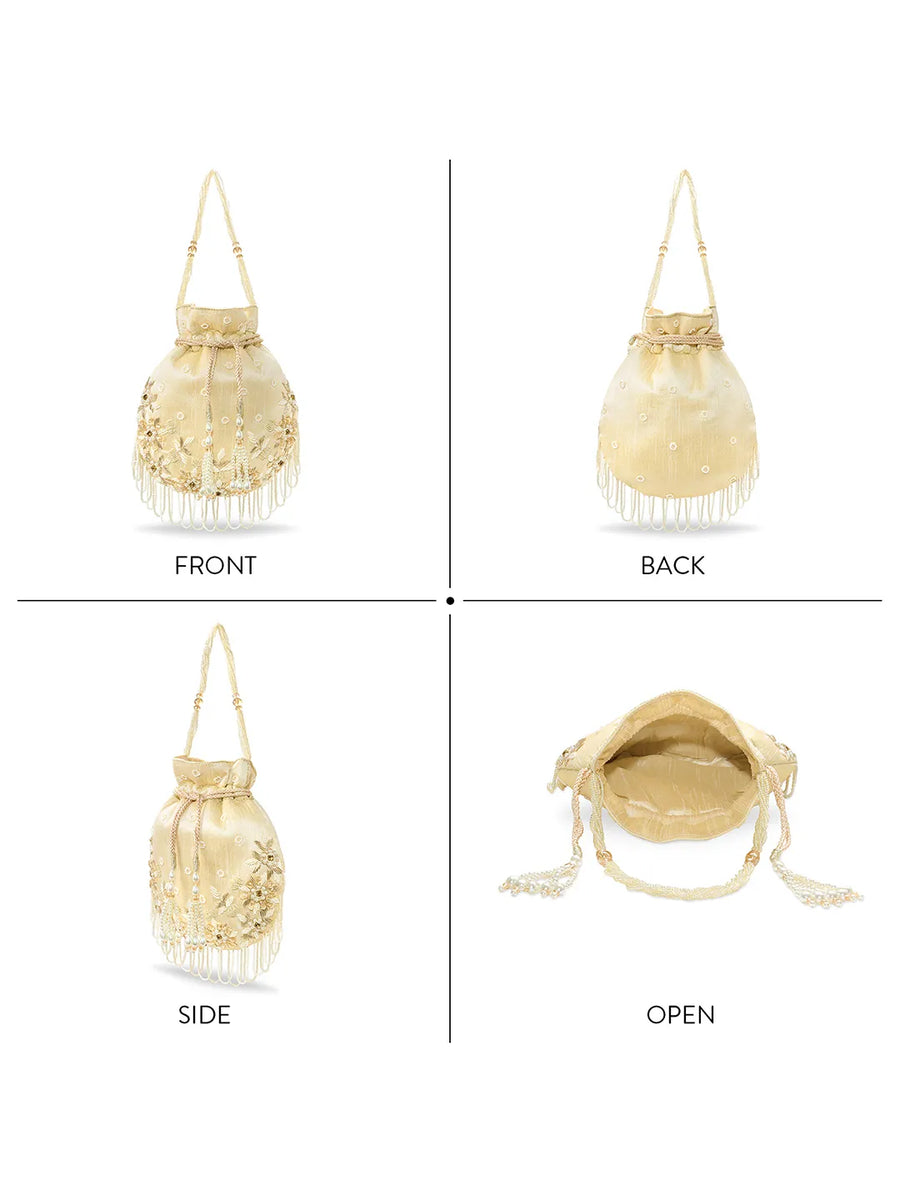 Peora Ivory Floral Embroidered Potli Bag - Gold