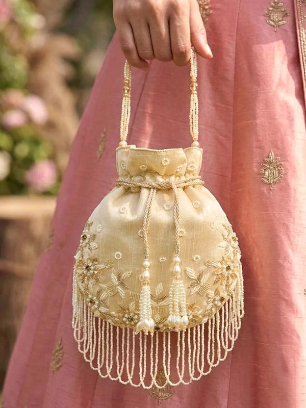 Peora Ivory Floral Embroidered Potli Bag - Gold