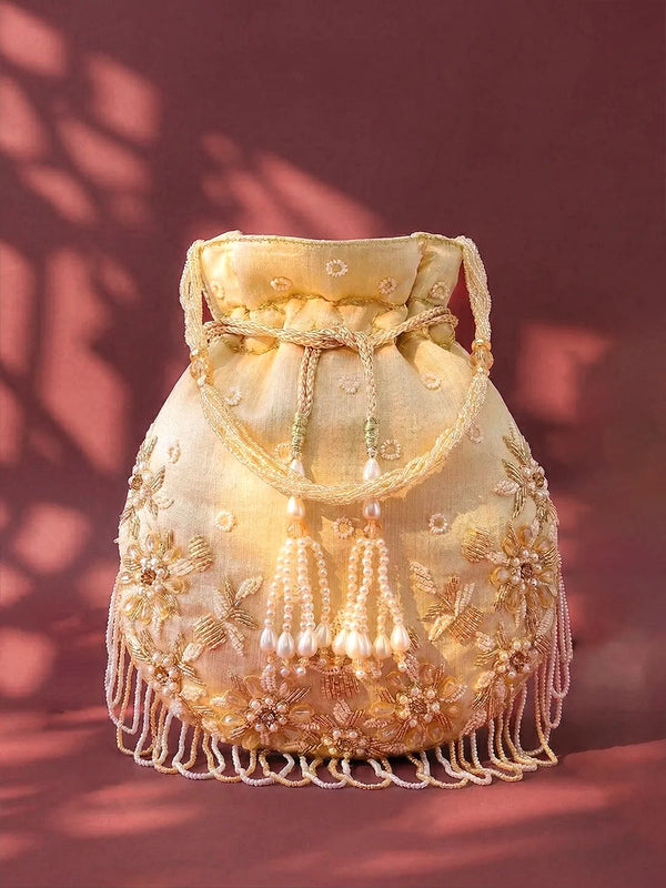 Peora Ivory Floral Embroidered Potli Bag - Gold