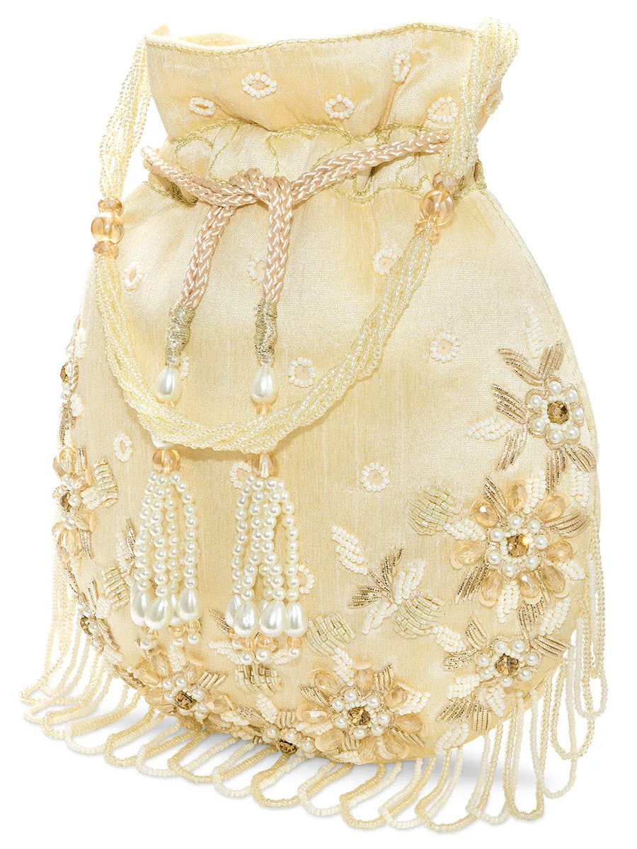 Peora Ivory Floral Embroidered Potli Bag - Gold