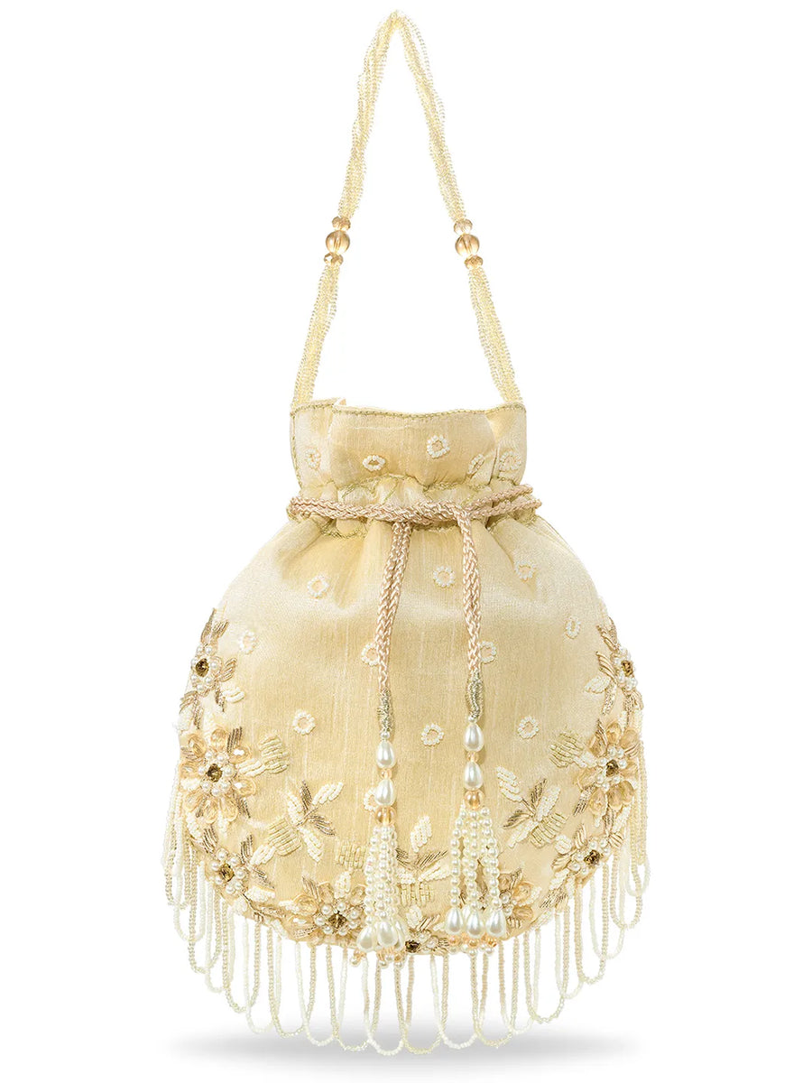 Peora Ivory Floral Embroidered Potli Bag - Gold