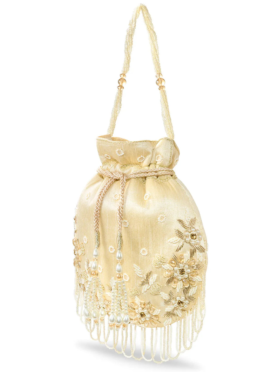 Peora Ivory Floral Embroidered Potli Bag - Gold