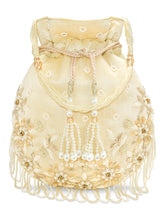 Peora Ivory Floral Embroidered Potli Bag - Gold
