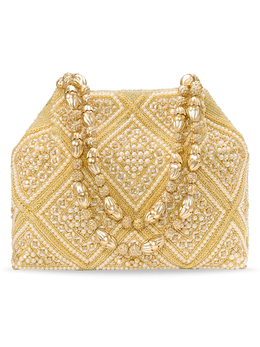 Peora Festive Pearl Embellished Handbag - Gold
