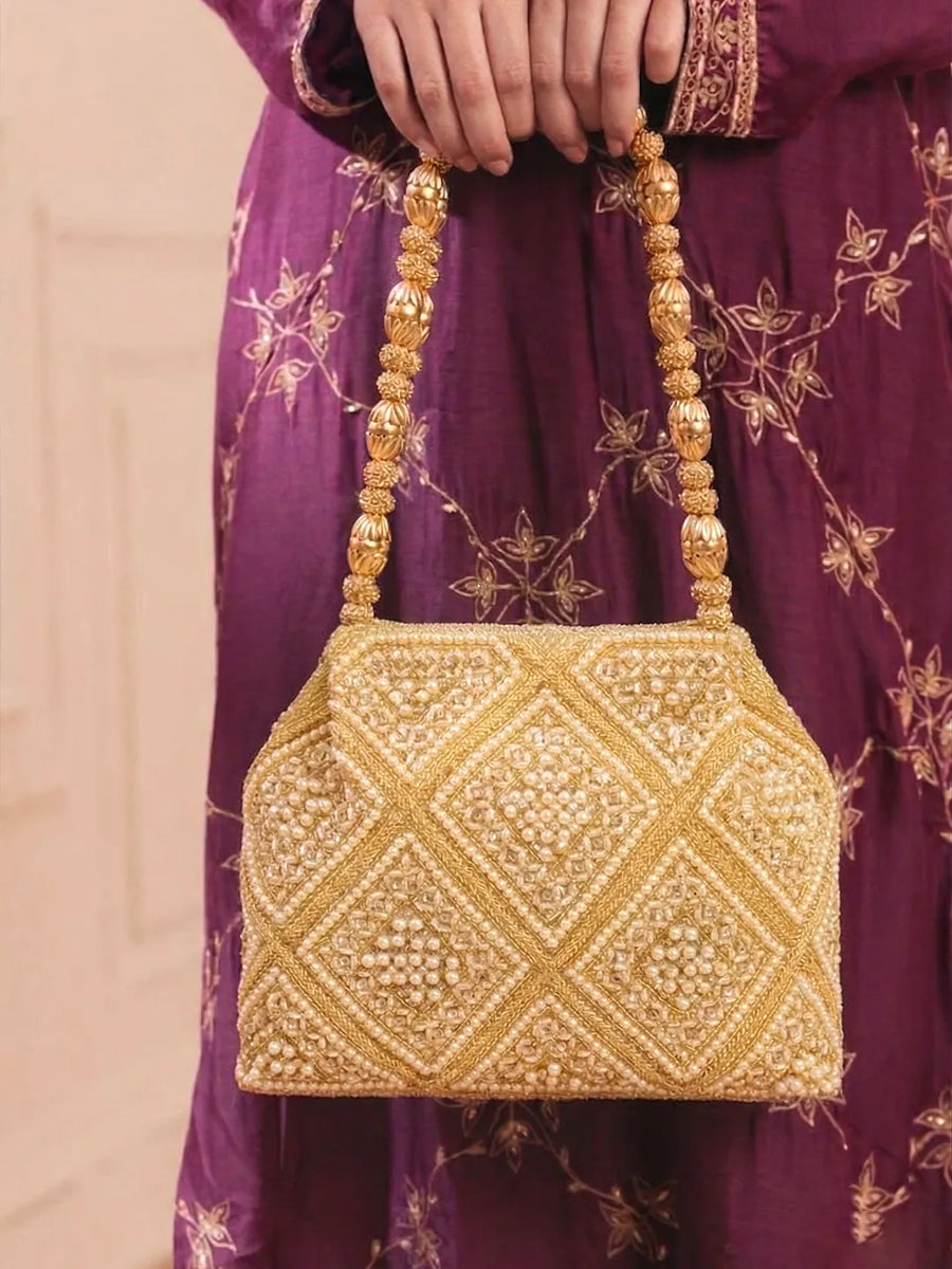 Peora Festive Pearl Embellished Handbag - Gold