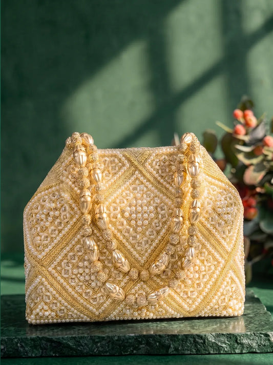 Peora Festive Pearl Embellished Handbag - Gold