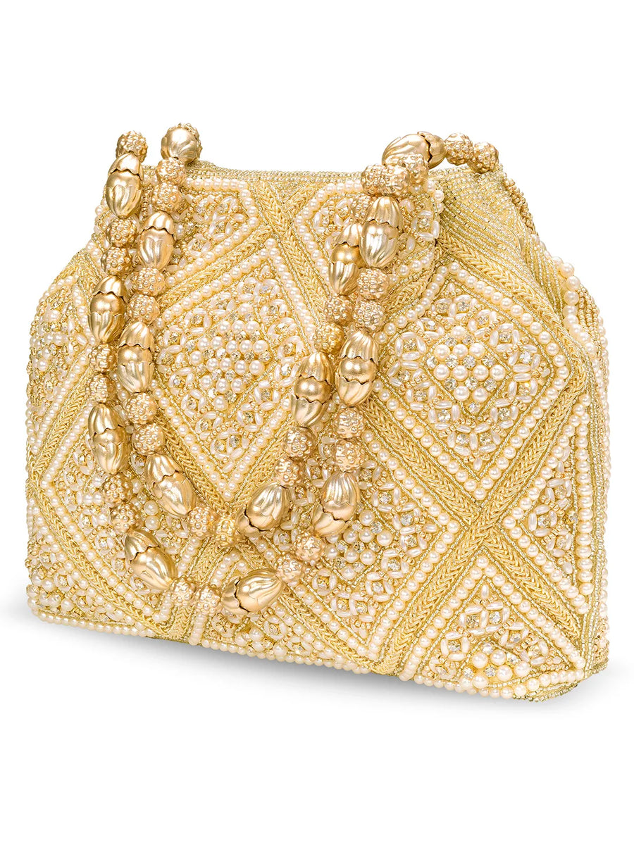 Peora Festive Pearl Embellished Handbag - Gold