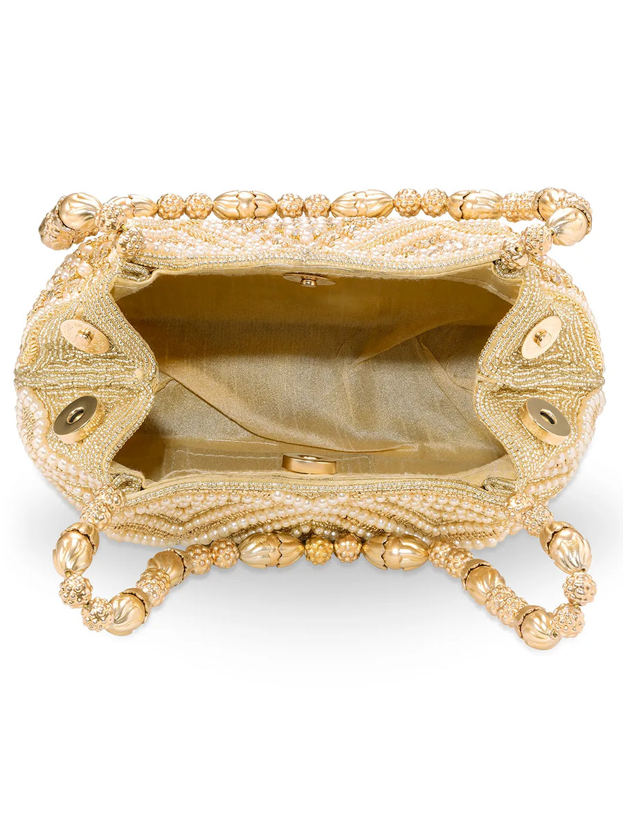 Peora Festive Pearl Embellished Handbag - Gold