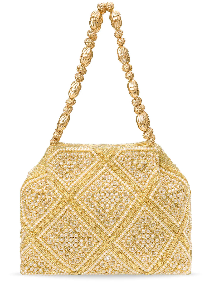 Peora Festive Pearl Embellished Handbag - Gold