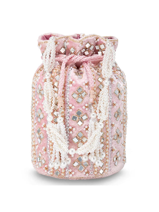 Pearl-Embellished Velvet Drawstring Bag