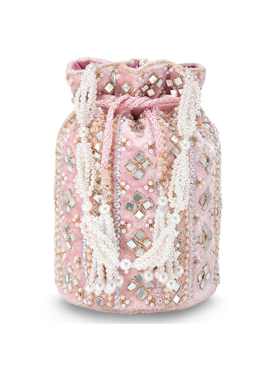 Pearl-Embellished Velvet Drawstring Bag