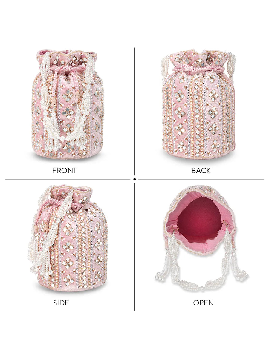 Pearl-Embellished Velvet Drawstring Bag