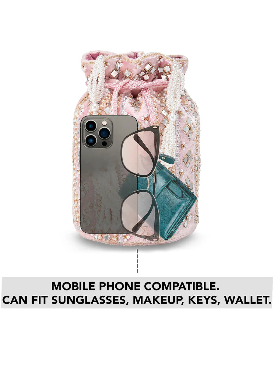 Pearl-Embellished Velvet Drawstring Bag