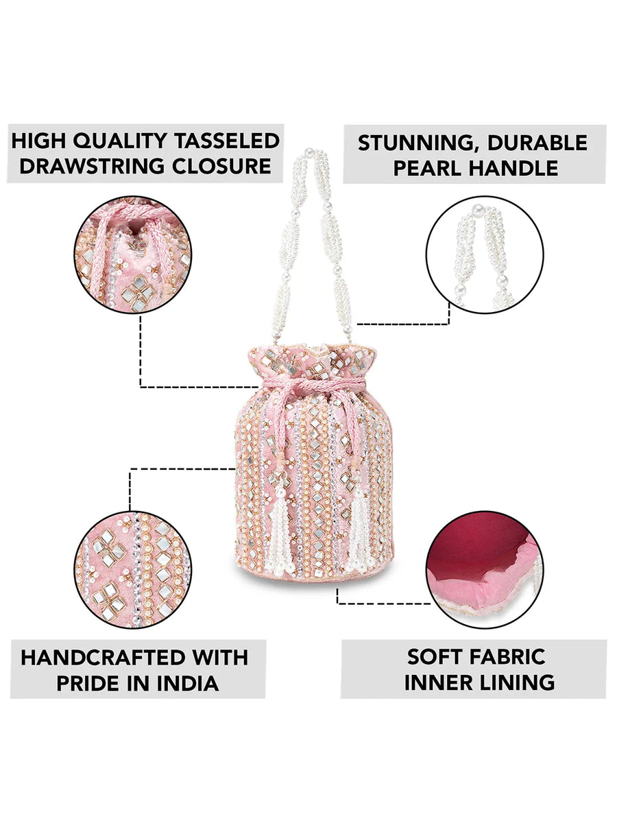 Pearl-Embellished Velvet Drawstring Bag