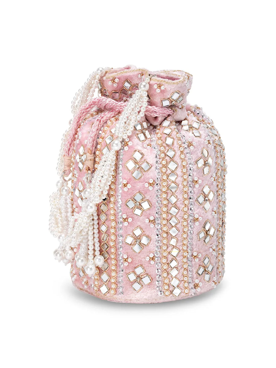 Pearl-Embellished Velvet Drawstring Bag