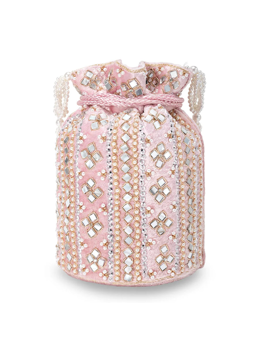Pearl-Embellished Velvet Drawstring Bag