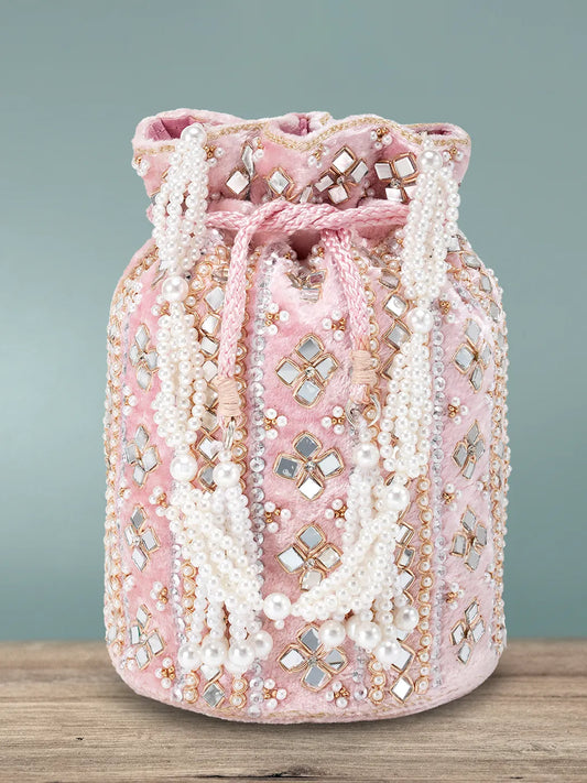 Pearl-Embellished Velvet Drawstring Bag