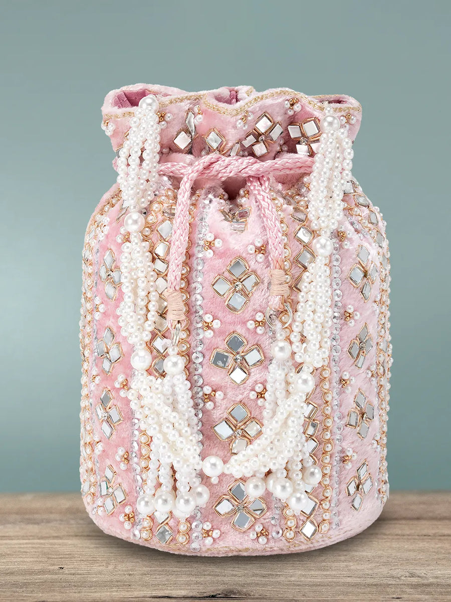 Pearl-Embellished Velvet Drawstring Bag