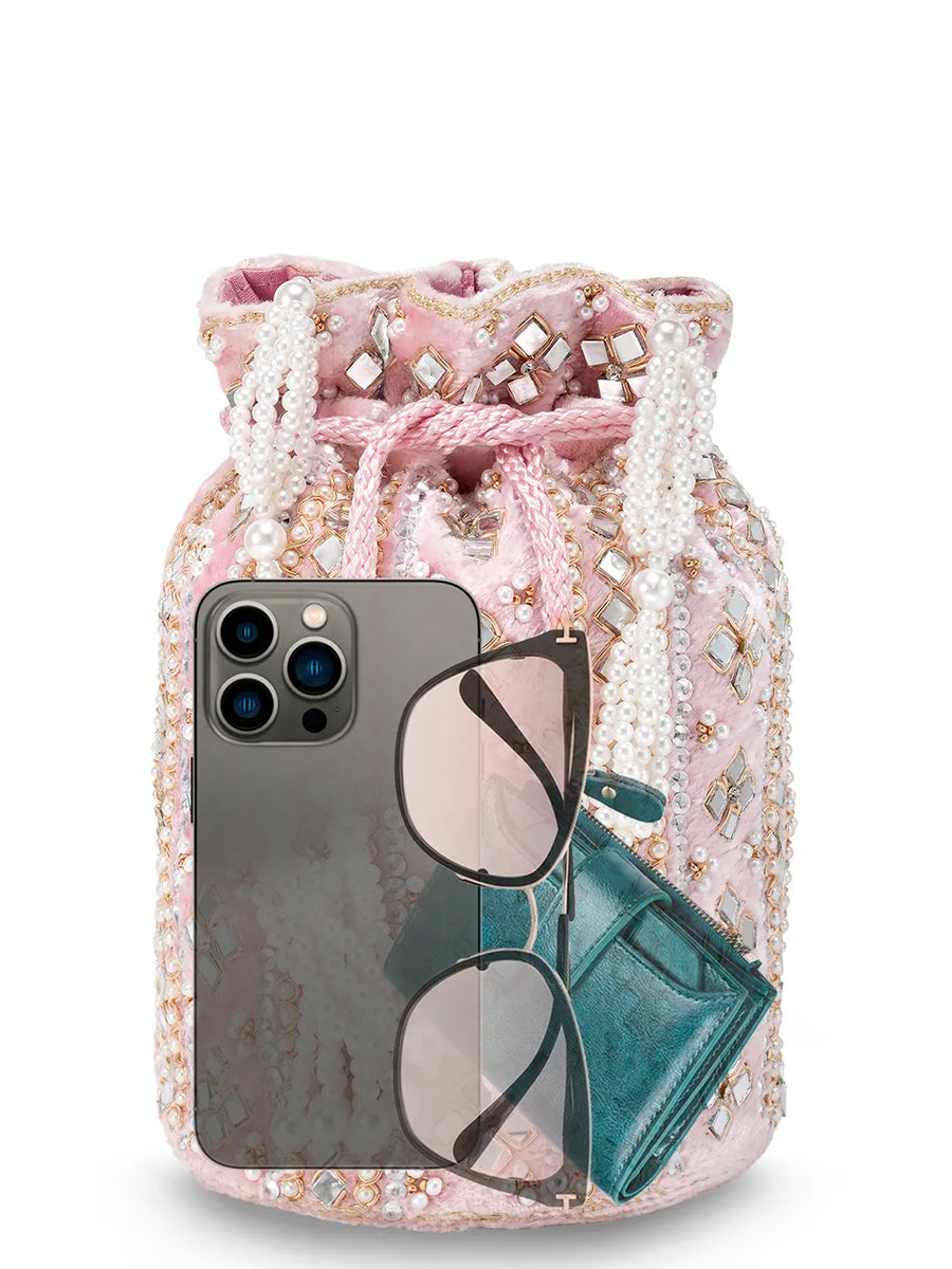 Pearl-Embellished Velvet Drawstring Bag