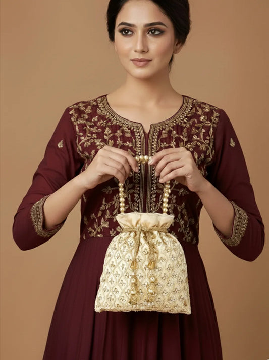 Shine On Studded Stone Potli Bag - Cream
