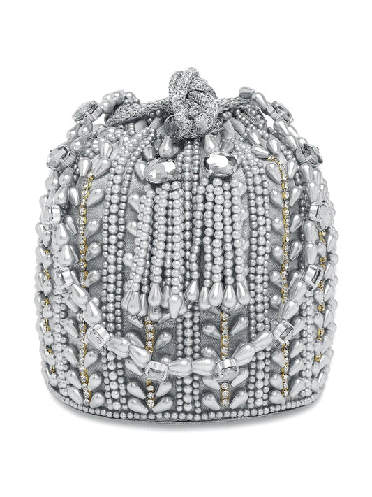 Sparkling Accent Bridal Glam Potli Bag - Silver