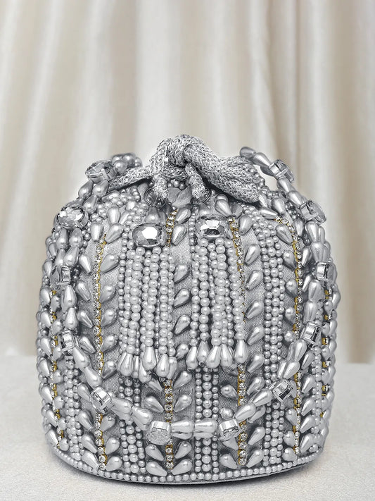Sparkling Accent Bridal Glam Potli Bag - Silver