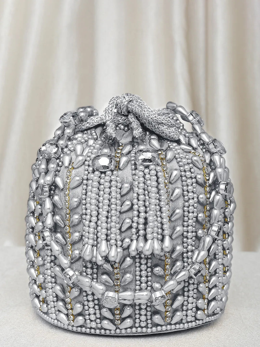 Sparkling Accent Bridal Glam Potli Bag - Silver