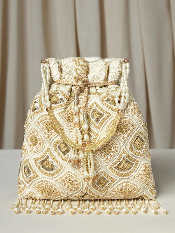 Heavy Zari Sequin Wedding Potli - Cream