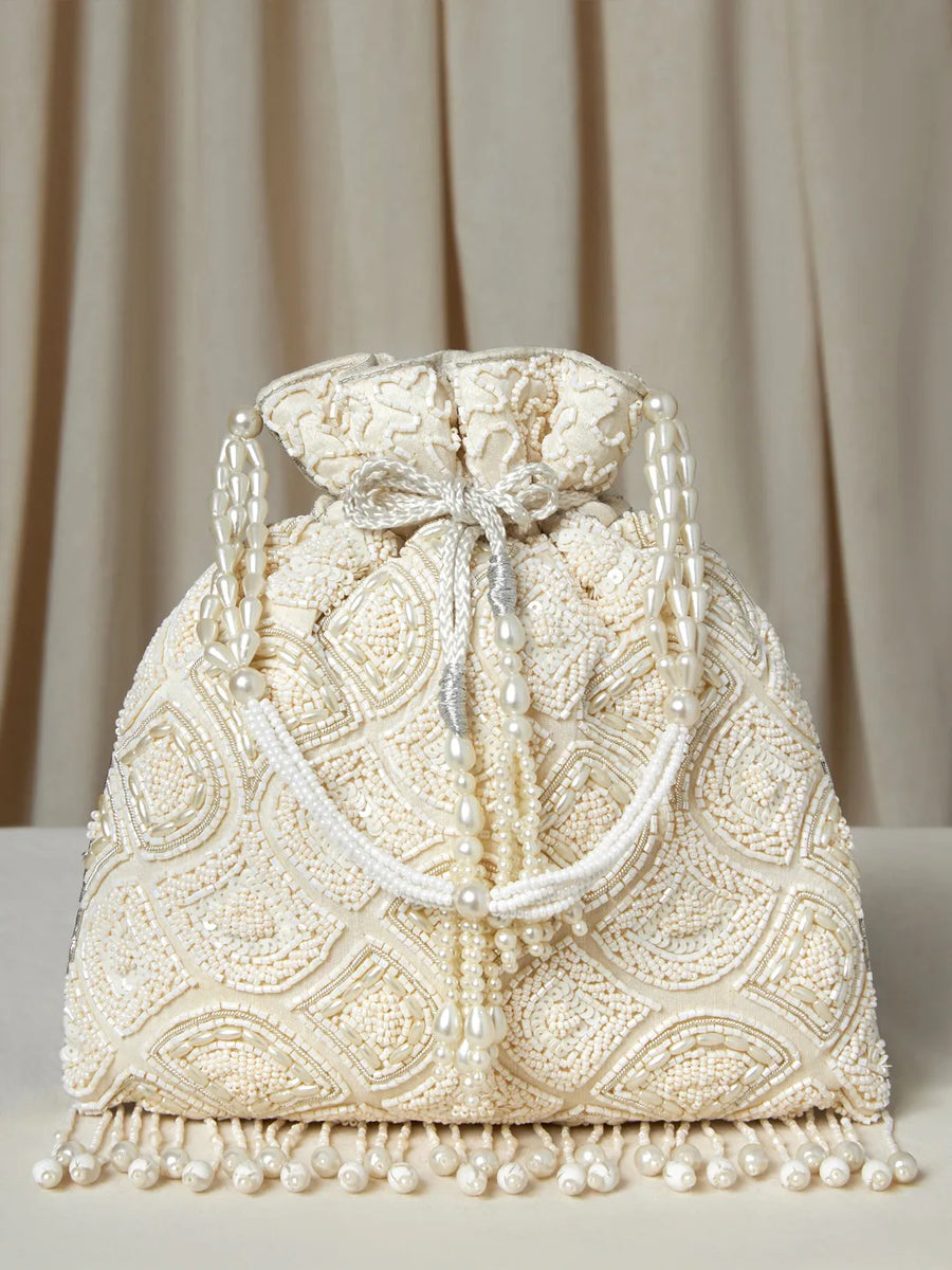 Heavy Zari Sequin Wedding Potli - White