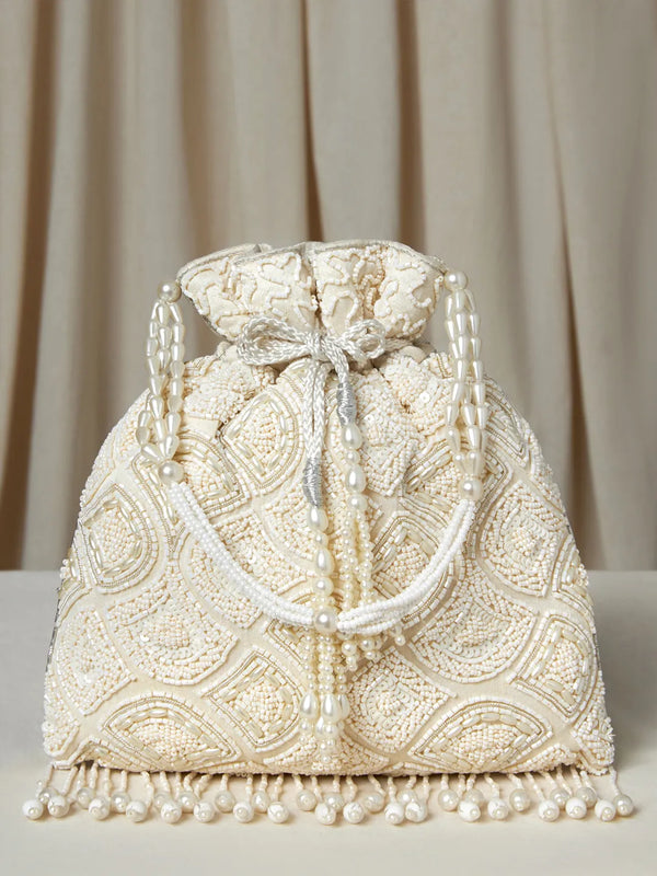 Heavy Zari Sequin Wedding Potli - White