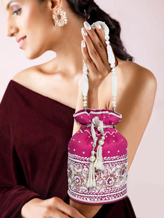 Bling Bliss Sequin-Infused Potli Bag - Rani Pink