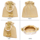 Gold potli bag named Textured Potli with Pearl Handle, featuring artificial beads detailing and soft fabric texture | Peora
