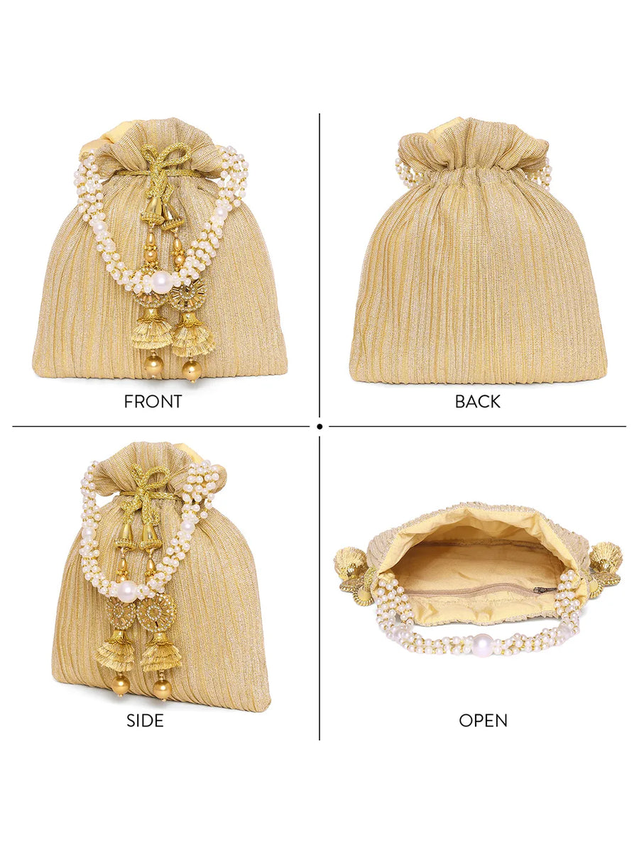 Gold potli bag named Textured Potli with Pearl Handle, featuring artificial beads detailing and soft fabric texture | Peora
