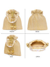 Gold potli bag named Textured Potli with Pearl Handle, featuring artificial beads detailing and soft fabric texture | Peora
