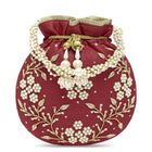 Royal Bloom Embroidered Pearl Potli Bag - Maroon