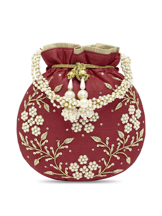 Royal Bloom Embroidered Pearl Potli Bag - Maroon